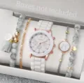 Set di orologio da polso donna al quarzo con cinturino in silicone e bracciali di perle - Orologio in Silicone Bianco e Set Bracciale Effetto Marmo (26) / Senza Scatola / Bianco