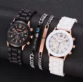 Set orologio al quarzo di coppia con cinturino in silicone nero bianco e bracciali incisi abbinati. - Set Doppi Orologi Nero e Bianco e Bracciale di Coppia Inciso (30) / Senza Scatola / Bianco e nero