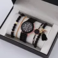 Set orologio al quarzo da donna con cinturino in silicone nero e tre bracciali coordinati - Orologio al Quarzo Nero e Set Bracciale con Nappine (33) / Senza Scatola / Nero