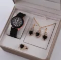 Elegante set di gioielli da donna orologio al quarzo collana orecchini anello nero - Set di Gioielli a Cuore Nero (34) / Senza Scatola / Nero