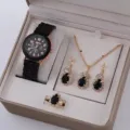 Set orologio da polso donna con collana orecchini anello pietra nera elegante set. - Set di Gioielli a Goccia d'Acqua Nera (35) / Senza Scatola / Nero