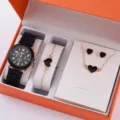 Set orologio donna al quarzo cinturino silicone collana cuore nero orecchini regalo - Set di Accessori a Cuore Nero Oro (37) / Senza Scatola / Nero