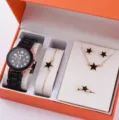 Orologio al quarzo da donna e set regalo di gioielli con stella nera e cinturino in silicone. - Set di Gioielli con Elemento Stella Nera (38) / Senza Scatola / Nero