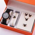 Set regalo orologio al quarzo da donna con cinturino in silicone, collana, orecchini e anello. - Set in Stile Farfalla Nero Oro (39) / Senza Scatola / Nero