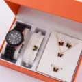 Orologio al quarzo da donna set regalo gioielli cinturino silicone nero farfalla perla - Set di Gioielli con Perle e Farfalla (40) / Senza Scatola / Nero