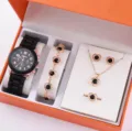 Set moda orologio quarzo donna con collana bracciale anello orecchini cuore silicone. - Set di Accessori a Cuore con Strass (41) / Senza Scatola / Nero