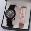 Set regalo orologio da donna al quarzo e bracciale con strass, cinturino in silicone e stella. - Set Pendente Stella con Strass (42) / Senza Scatola / Nero