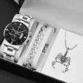 Uomo orologio acciaio inossidabile scorpione collana bracciale set regalo moda - 4+Set di Gioielli (Senza Confezione Regalo)