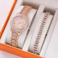 Elegante set di orologio al quarzo e bracciale in strass oro rosa, splendido regalo. - Con Bracciale Strass a Doppia Fila / Senza Confezione Regalo / Oro rosa