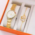 Orologio al quarzo dorato e bracciale con strass a cuore set regalo per donne - Con Bracciale Doppio Cuore (28) / Senza Confezione Regalo / Oro