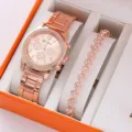 Elegante set regalo con orologio al quarzo da donna in oro rosa e bracciale con cristalli. - Stile con Braccialetto (33) / Senza Confezione Regalo / Oro rosa