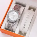 Orologio al quarzo argento e bracciale cuore cristallo, elegante confezione regalo. - Con Bracciale Doppio Cuore (34) / Senza Confezione Regalo / Argento