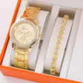 Set di orologio da donna al quarzo con strass oro e bracciale in cristallo in elegante cofanetto. - Con Bracciale Doppio Cuore (32) / Senza Confezione Regalo / Oro