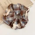 Brown plaid hair scrunchie with cute lace bow detail retro style elegant hair accessory - Hair Tie / Coffee-Blue