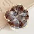 Vintage brown plaid hair scrunchie with white lace trim, elegant aesthetic hair accessory. - Hair Tie / Coffee & Blue (HH9818)
