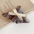 Brown plaid hair tie with beige lace bow, vintage preppy style fabric scrunchie for women. - Hair Tie / Coffee & Blue - Type B