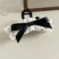 Korean style polka dot pleated bow hair claw clip, elegant black and white hair accessory for women. - Shark Clips / White Polka Dot Claw Clip