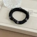 Zwarte satin kristal haarscrunchie koreaanse stijl elegante haarelastiek detail - Zwart