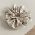 Detailed view of elegant beige satin and sheer organza hair scrunchie with glitter trim. - Apricot
