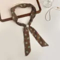 Chic brown polka dot silk scarf with pearl accent, retro elegant headband and necktie for women. - Brown