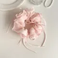Detail view of pink chiffon ribbon pearl hair scrunchie, sweet Korean hair accessory - Pink