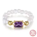 Anello in perle d'argento S925 con gemma viola, gioiello di modo regolabile da donna. - Stile Aperto Perla e Gemma Quadrata (GPR17-14K-P) / Viola/Oro