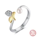 Anello Regolabile Perla Foglia in Argento S925 per Donna, Elegante Gioiello da Dito. - Stile Perla a Foglia con Intarsio di Diamanti (GPR15-14K) / Oro