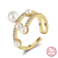 Squisito anello aperto in argento sterling S925 con perle multiple e zirconi per donne. - Stile a Doppio Strato Multi-Perla Zirconia (GPR18-14K) / Oro