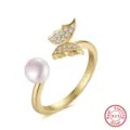 Anello Aperto Farfalla Perla in Argento Sterling S925 Elegante Gioiello da Dito Zircone - Stile Aperto con Perla e Farfalla (GPR14-14K) / Oro