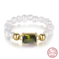 Anello Perla Argento S925 Pietra Verde Regolabile Aperto Donna Elegante Bellissimo - Stile aperto con zirconia verde rettangolare e perla d'acqua dolce (GPR17-14K-G) / Verde Oro