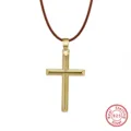 Goldfarbene Kreuz Anhänger Halskette mit braunem Lederband, S925 Sterling Silber Schmuck. - Stil mit schwarzer Lederkordel / Reguläre Länge / Gold