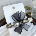 Elegant black mesh bow hair clip with sparkling rhinestones and pearl for women daily wear. - Large Pearl Teardrop in Gray