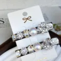 Korean style silver hair clip set with sparkling rhinestones, crystals and pearls for women - Water Cube Designs - White