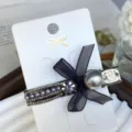 Black Mesh Bow Pearl Rhinestone Hair Clip, Sweet Side Clip Variant for Women Girls - Crescent Style in Gunmetal Gray