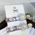 Korean ins style pearl crystal rhinestone silver hair clip sweet side hairpins trendy - Round Pearls - Pink