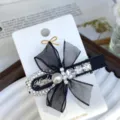 Black bow rhinestone pearl hair clip chic elegant sweet side clip for women and girls - Pearl Oval