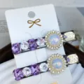 Korean style pearl crystal rhinestone silver hair clips set elegant side bangs hairpin fashion - Round Pearls - Purple