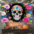 Halloween Totenkopf Wandteppich Blumen Wandbehang Tag der Toten Party Deko 110x180cm - WSHB-02 Stil / 110x180cm