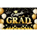 Detalle del telón de fondo de graduación en diseño negro y dorado con globos festivos. - 180x110cm / Estilo de Cielo Estrellado Negro y Dorado (BYHB06)