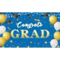 Primer plano del banner de fondo de graduacion con texto Congrats GRAD y globos festivos. - 180x110cm / Estilo Estrellado Azul Dorado Blanco (BYHB07)