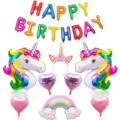 Einhorn Geburtstag Party Ballon Set mit Haarreif und bunten Folienballons dekoriert. - Buntes Einhorn Kombi