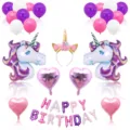 Einhorn Geburtstag Party Deko Set mit Folienballons, Latexballons und süßem Haarreif. - Lila Einhorn Kombi