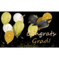 Graduation party backdrop banner with gold balloons and cap design for celebration. - 180x110cm / Black Gold White Balloon Style (BYHB03)