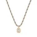 Stainless steel geometric zircon pendant necklace with trendy beige braided rope chain. - Square Zirconia Necklace / Beige Black Cord Square Rhinestone