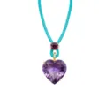 Chic purple heart gemstone necklace featuring a blue leather cord and a golden setting. - Purple Heart Stone Lake Blue Leather Rope Necklace