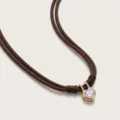 Heart zircon pendant necklace with double brown braided ropes, elegant and vintage style detail. - Brown