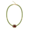 Green braided cord necklace with gold tone accents and a large oval red cubic zirconia pendant. - Light Green Rope Oval Zirconia Necklace