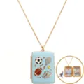 Sports theme enamel locket necklace with gold chain, openable pendant with gym interior design. - Sports Scene / Gold
