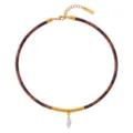 Chic brown woven cord necklace with gold curved tube and crystal pendant for women. - Brown Rope Horse Eye Style