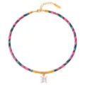 Chic colorful braided rope necklace with gold metal tube and square crystal pendant. - Rose Red Blue Rope Square Style